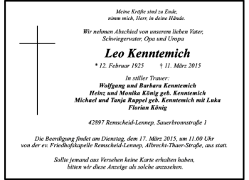 Todesanzeige von Kenntemich Leo von Rheinische Post