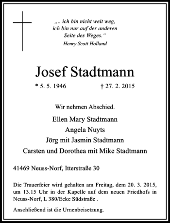 Todesanzeige von Stadtmann Josef von Rheinische Post