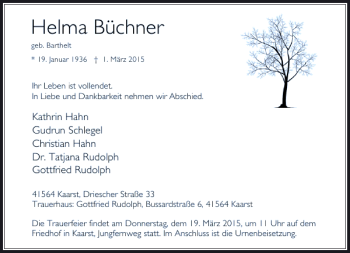 Todesanzeige von Büchner Helma von Rheinische Post
