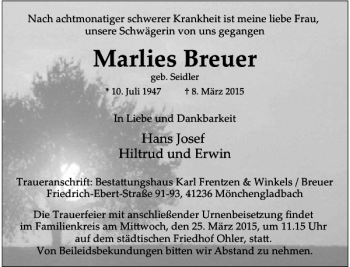 Todesanzeige von Breuer Marlies von Rheinische Post