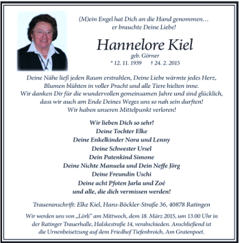 Todesanzeige von Kiel Hannelore von Rheinische Post