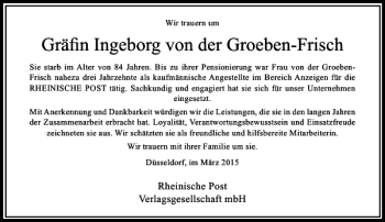 Todesanzeige von Ingeborg von der Groeben-Frisch Gräfing von Rheinische Post