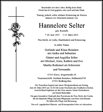 Todesanzeige von Selter Hannelore von Rheinische Post