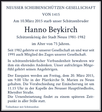 Todesanzeige von Beykirch Hanno von Rheinische Post