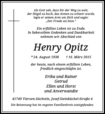 Todesanzeige von Opitz Henry von Rheinische Post