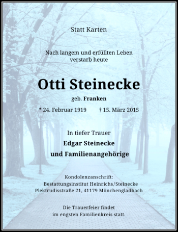 Todesanzeige von Steinecke Otti von Rheinische Post