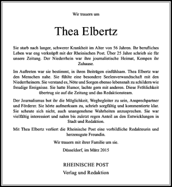 Todesanzeige von Elbertz Thea von Rheinische Post