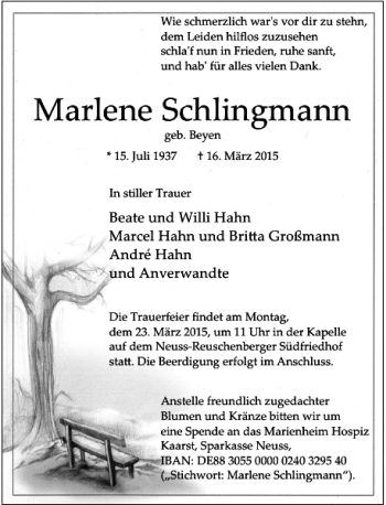 Todesanzeige von Schlingmann Marlene von Rheinische Post