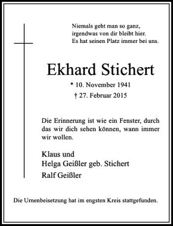 Todesanzeige von Stichert Ekhard von Rheinische Post