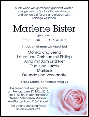 Todesanzeige von Bister Marlene von Rheinische Post