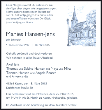 Todesanzeige von Hansen-Jens Marlies von Rheinische Post