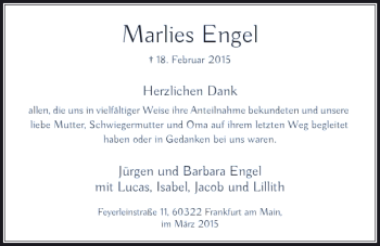 Todesanzeige von Engel Marlies von Rheinische Post