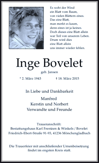 Todesanzeige von Bovelet Inge von Rheinische Post