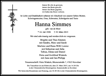 Todesanzeige von Simmes geb. van de Meer Hanna von Rheinische Post