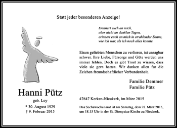 Todesanzeige von Pütz Hanni von Rheinische Post