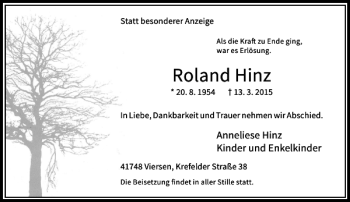 Todesanzeige von Hinz Roland von Rheinische Post