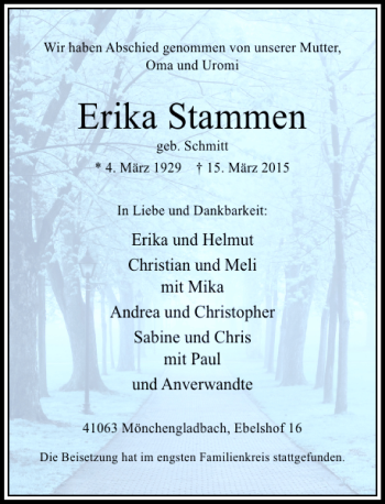 Todesanzeige von Stammen Erika von Rheinische Post