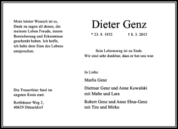 Todesanzeige von Genz Dieter von Rheinische Post