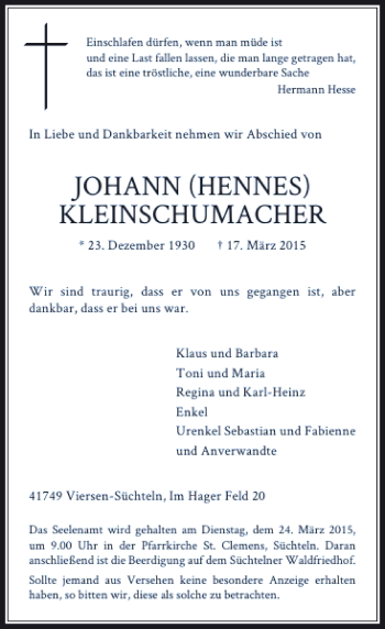 Todesanzeige von HENNES KLEINSCHUMACHER JOHANN von Rheinische Post