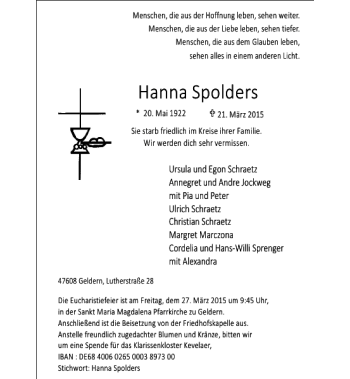 Todesanzeige von Spolders Hanna von Rheinische Post