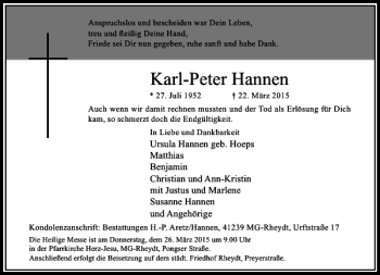 Todesanzeige von Hannen Karl-Peter von Rheinische Post