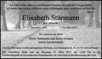 Todesanzeige von Stürmann Elisabeth von Rheinische Post