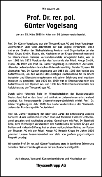 Todesanzeige von Dr. rer. pol. Günter Vogelsang Prof. von Rheinische Post