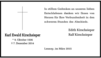 Todesanzeige von Ewald Kirschsieper Karl Ewald Kirschsieper Karl von Rheinische Post