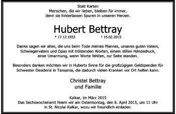 Todesanzeige von Bettray Hubert von Rheinische Post