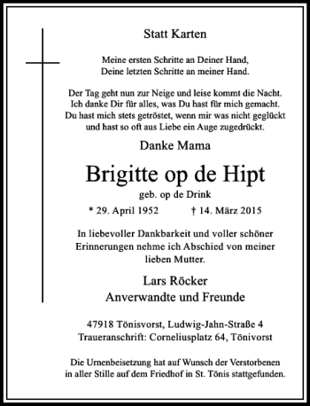 Todesanzeige von op de Hipt Brigitte von Rheinische Post
