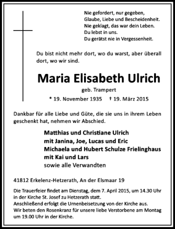 Todesanzeige von Elisakbeth Ulrich Maria von Rheinische Post