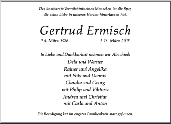 Todesanzeige von Ermisch Gertrud von Rheinische Post