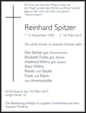 Todesanzeige von Spitzer Reinhardt von Rheinische Post