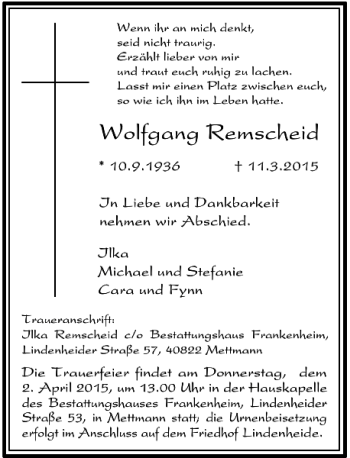 Todesanzeige von Remscheid Wolfgang von Rheinische Post