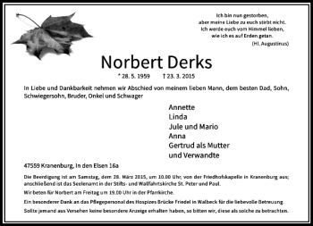 Todesanzeige von Derks Norbert von Rheinische Post