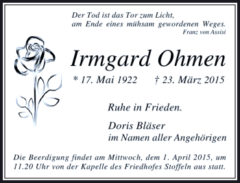 Todesanzeige von Ohmen Irmgard von Rheinische Post