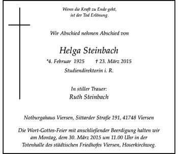 Todesanzeige von Steinbach Helga von Rheinische Post