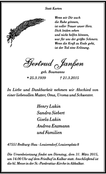 Todesanzeige von Janßen Gertrud von Rheinische Post