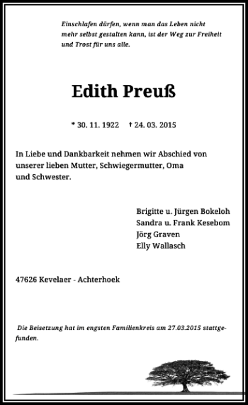Todesanzeige von Preuß Edith von Rheinische Post