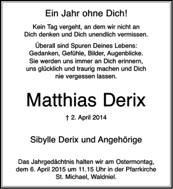 Todesanzeige von Derix Matthias von Rheinische Post