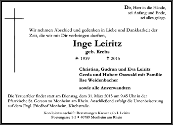 Todesanzeige von Leiritz Inge von Rheinische Post
