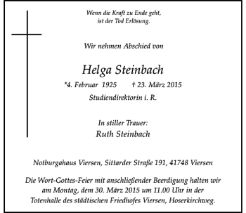 Todesanzeige von Steinbach Helga von Rheinische Post
