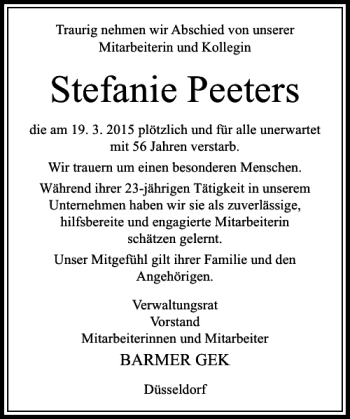 Todesanzeige von Peeters Stefanie von Rheinische Post
