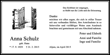 Todesanzeige von Schulz Anna von Rheinische Post