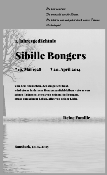 Todesanzeige von Bongers Sibille von Rheinische Post