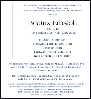 Todesanzeige von Erbslöh Beatrix von Rheinische Post