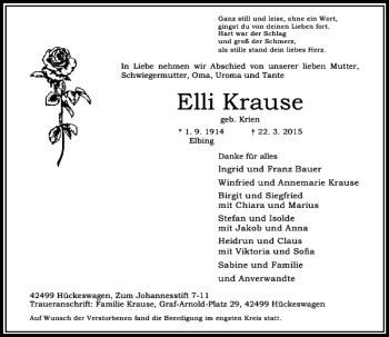 Todesanzeige von Krause Elli von Rheinische Post