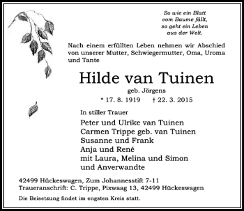 Todesanzeige von van Tuinen Hilde von Rheinische Post