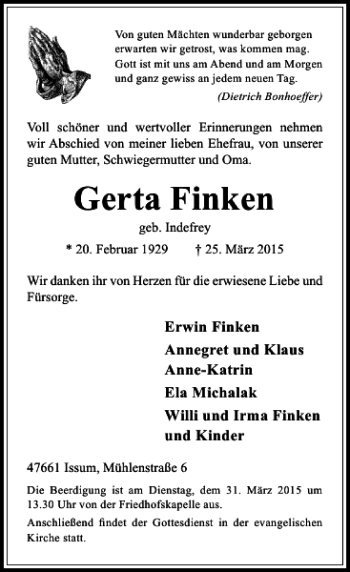 Todesanzeige von Finken geb. Indefrey Gerta von Rheinische Post