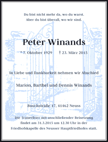 Todesanzeige von Winands Peter von Rheinische Post